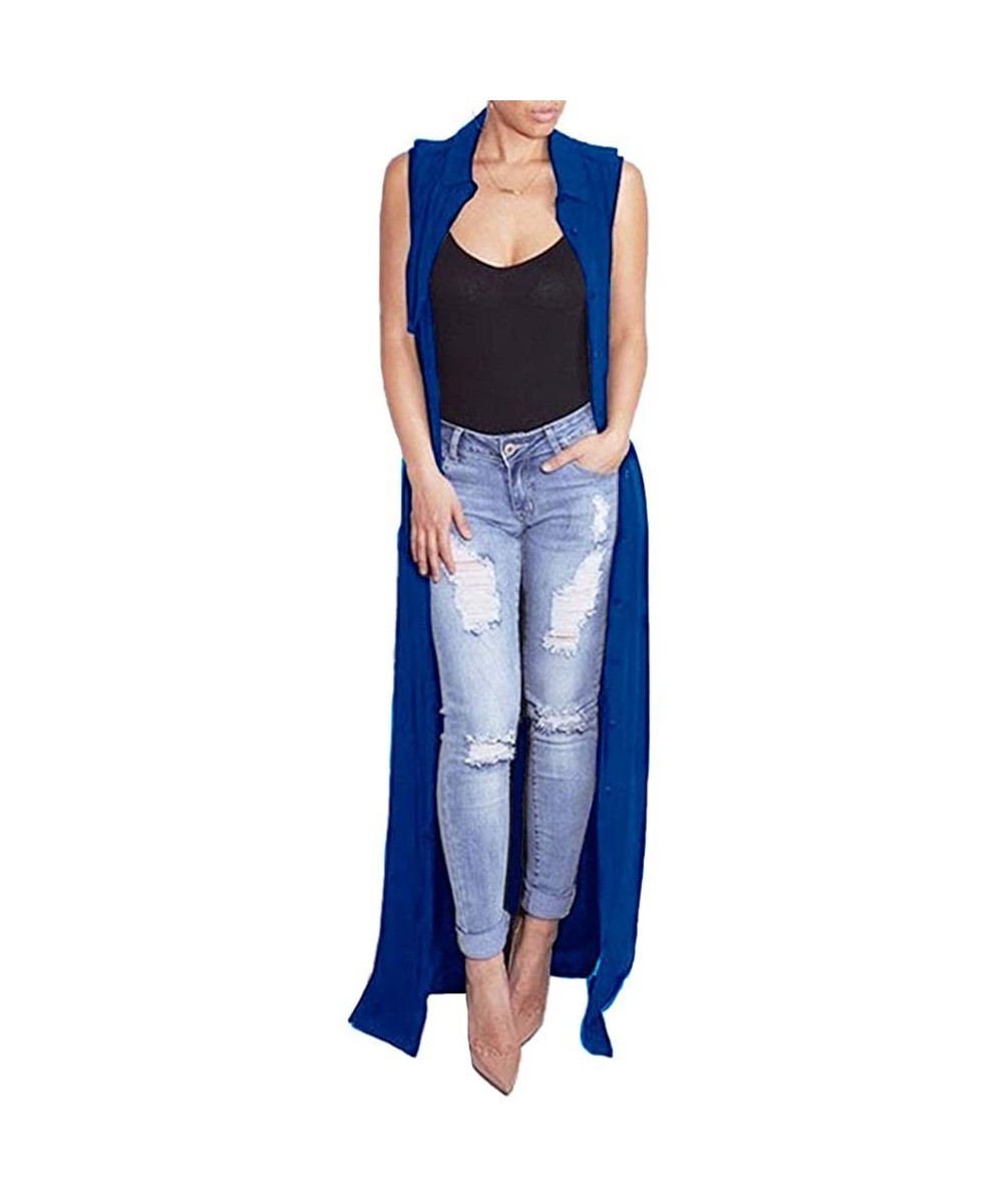 Sleeveless Soft Open Front Long Cover Ups Women Chiffon Maxi Cardigan - Blue - CG18YL39YIL $15.56-Cover-Ups