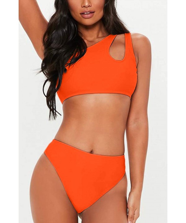 Women's Bikini Set Cutout One Shoulder High Waist Two Piece Swimsuit - Tangerine - CA18RKWDD5R $21.80-Sets