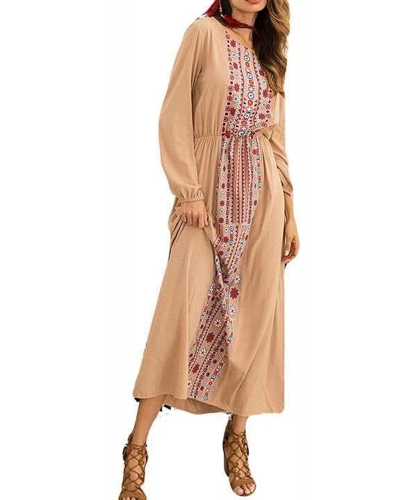 Women's Holiday Maxi Long Dress Print Printed Long Sleeve Trimmer Slimmer Tunic Tops Beach Dress - Khaki - CS18X3ZDOTH $17.61...