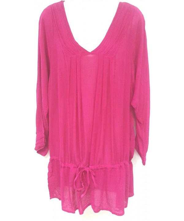 Missy 3/4 Sleeve Pleated Deep V-Neck Cover Up - Fuschia - C811F7VMI7H $19.64-Cover-Ups