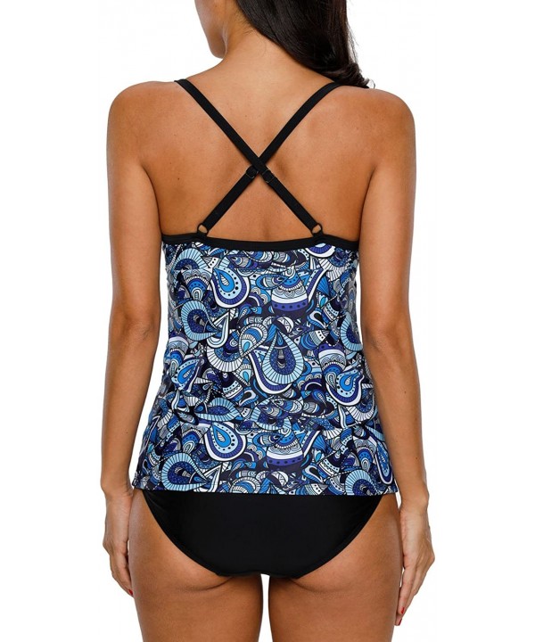 Women's Printed Tankini Swimsuit Cross Back Two Piece Swimwear Set - Blue Paisley - CR18CT44ZSO $24.29-Tankinis