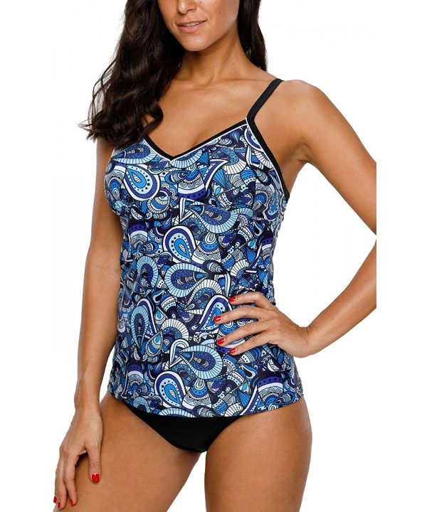 Women's Printed Tankini Swimsuit Cross Back Two Piece Swimwear Set - Blue Paisley - CR18CT44ZSO $24.29-Tankinis