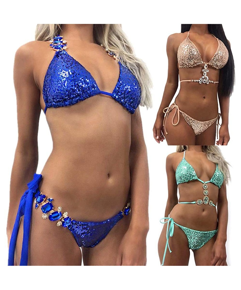 Sexy Sequins Rhinestone Bra Briefs Bikini Set Women Summer Swimwear Bathing Suit - Pink S - Greenm - CZ198XXI442 $18.33-Sets