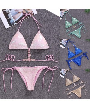 Sexy Sequins Rhinestone Bra Briefs Bikini Set Women Summer Swimwear Bathing Suit - Pink S - Greenm - CZ198XXI442 $18.33-Sets