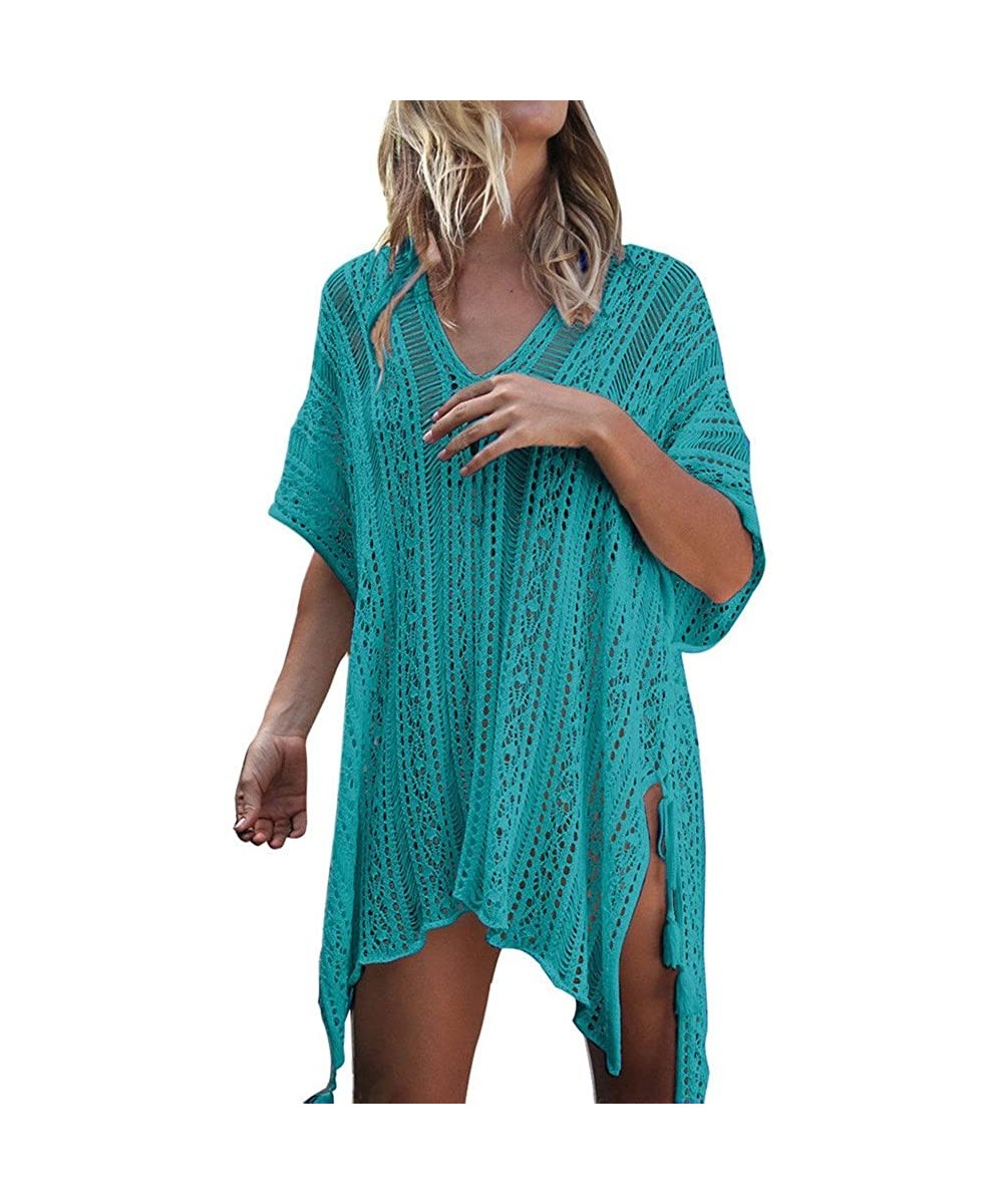 Women Swimsuit Coverups Hollow Out Oversized Short Sleeve V Neck Loose Knit Bikini Cover up Crochet Dress - Green - C018N8ETW...