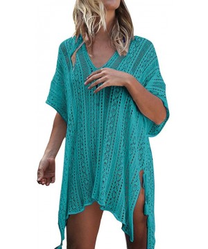 Women Swimsuit Coverups Hollow Out Oversized Short Sleeve V Neck Loose Knit Bikini Cover up Crochet Dress - Green - C018N8ETW...