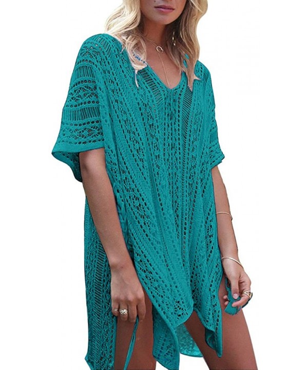 Women Swimsuit Coverups Hollow Out Oversized Short Sleeve V Neck Loose Knit Bikini Cover up Crochet Dress - Green - C018N8ETW...