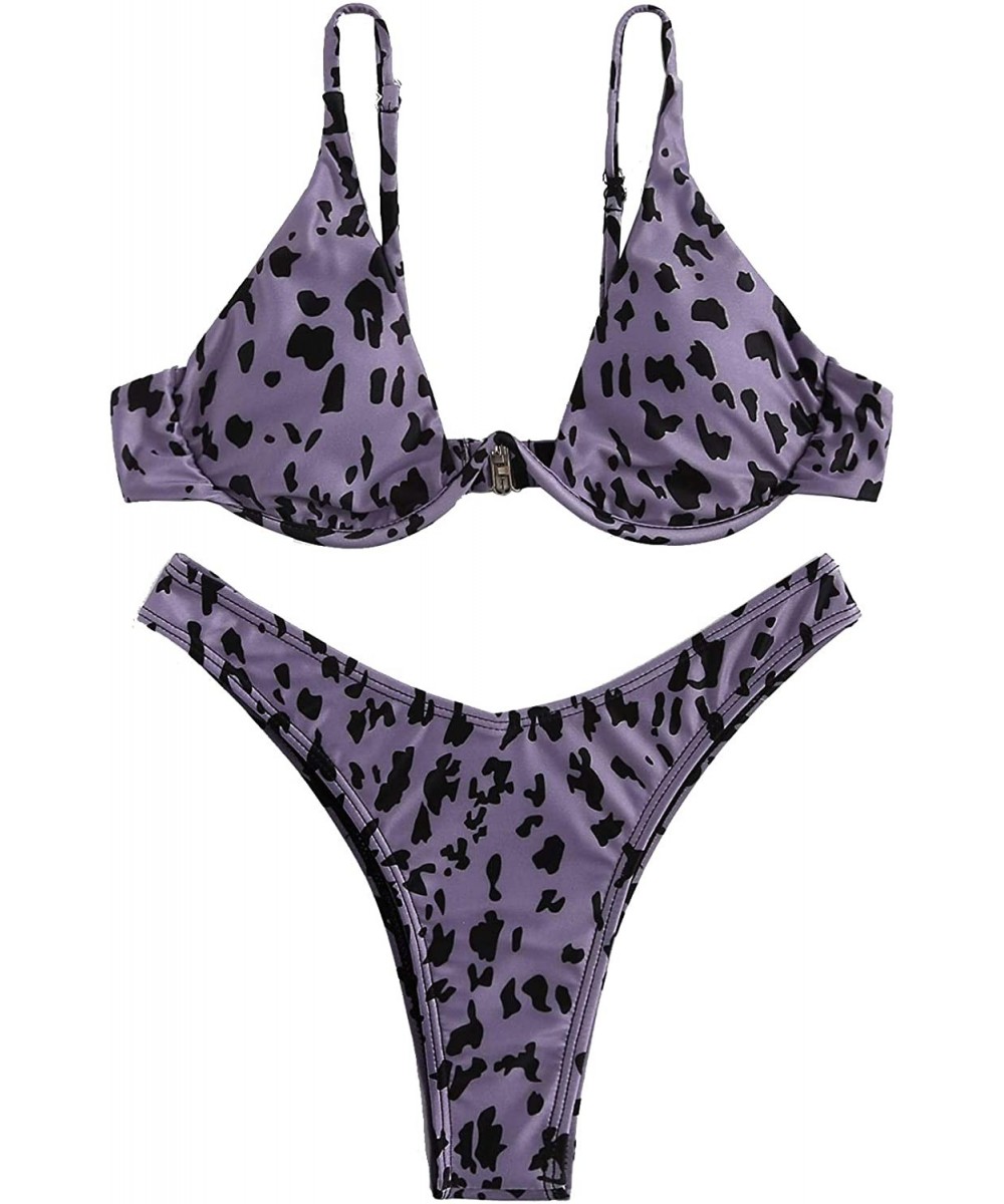 Women's Sexy Triangle Bathing Two Pieces Swimsuit Bikini Set - Purple Leopard - C818QSG579K $15.73-Sets