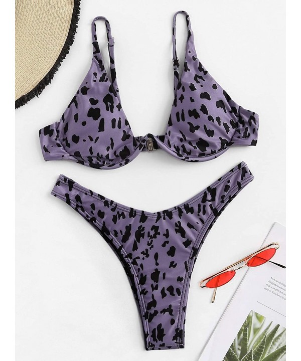 Women's Sexy Triangle Bathing Two Pieces Swimsuit Bikini Set - Purple Leopard - C818QSG579K $15.73-Sets