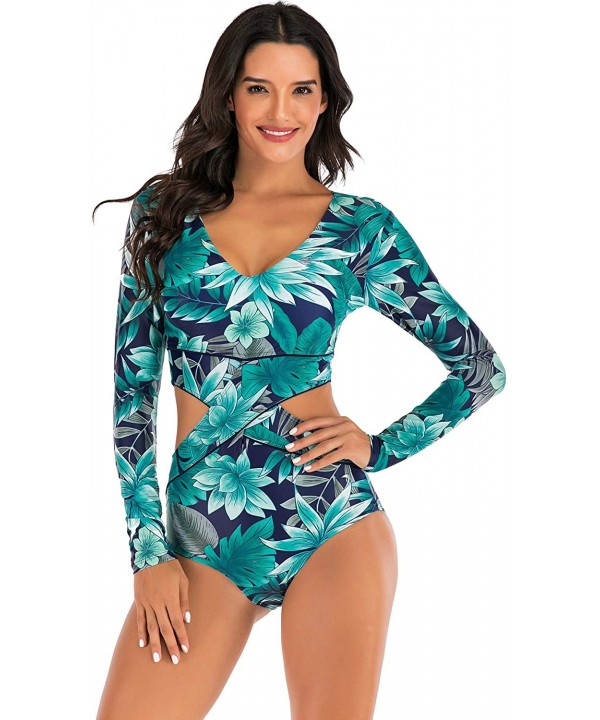 Women's Zip Front Printed Swimwear One Piece Long Sleeve Rash Guard UV Protection Surfing Swimsuit - Navy / Green - C9197HLX7...