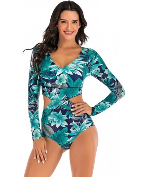 Women's Zip Front Printed Swimwear One Piece Long Sleeve Rash Guard UV Protection Surfing Swimsuit - Navy / Green - C9197HLX7...