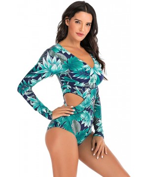 Women's Zip Front Printed Swimwear One Piece Long Sleeve Rash Guard UV Protection Surfing Swimsuit - Navy / Green - C9197HLX7...