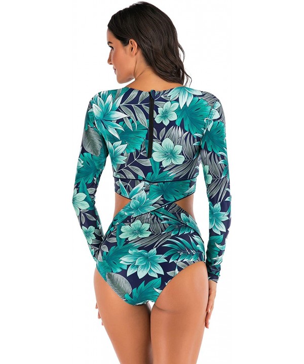 Women's Zip Front Printed Swimwear One Piece Long Sleeve Rash Guard UV Protection Surfing Swimsuit - Navy / Green - C9197HLX7...