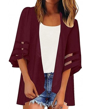 Women Solid Color Top AmyDong Women Beach Wear Mesh Panel 3/4 Bell Sleeve Fashion Loose Chiffon Kimono Cardigan Wine - CT18WQ...