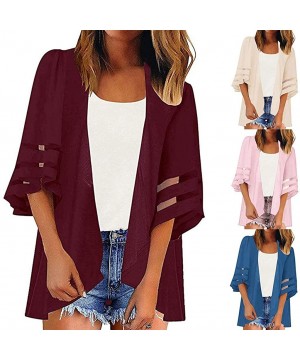 Women Solid Color Top AmyDong Women Beach Wear Mesh Panel 3/4 Bell Sleeve Fashion Loose Chiffon Kimono Cardigan Wine - CT18WQ...