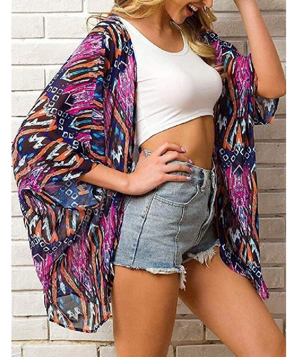 Women's Open-Front Flower Print Chiffon Boho Print Summer Cardigan Cover Ups - 5 - CX199IKOICY $13.30-Cover-Ups