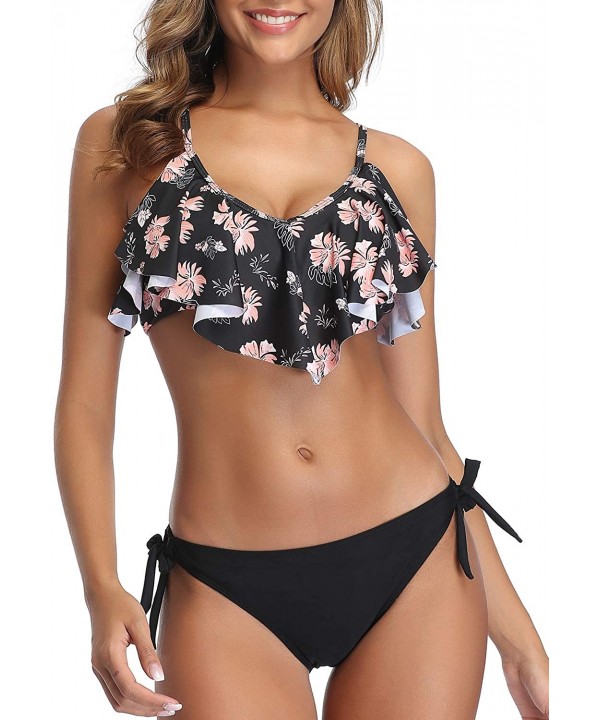 Flounce Bikini Side Tie Bottom Padded Ruffled Top Two Piece Swimsuit for Women Cross Back Bathing Suit - Black & Orange Flora...