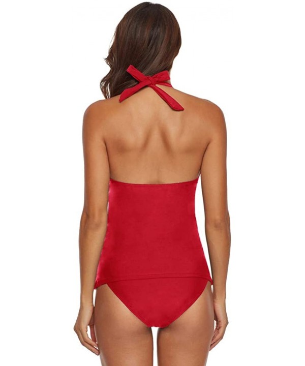 Two Piece Swimsuit Sexy V-Neck Ruffle Halter Backless Flyaway Tankini Suit Tankini Set - Red - CP18TGU5MXH $17.62-Sets