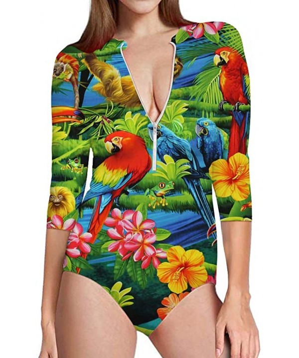 Summer One Piece Swimsuit 3/4 Sleeve Sun Protection Rash Guard for Women - Tropical Floral-2 - CQ18R7XMD4M $25.01-One-Pieces