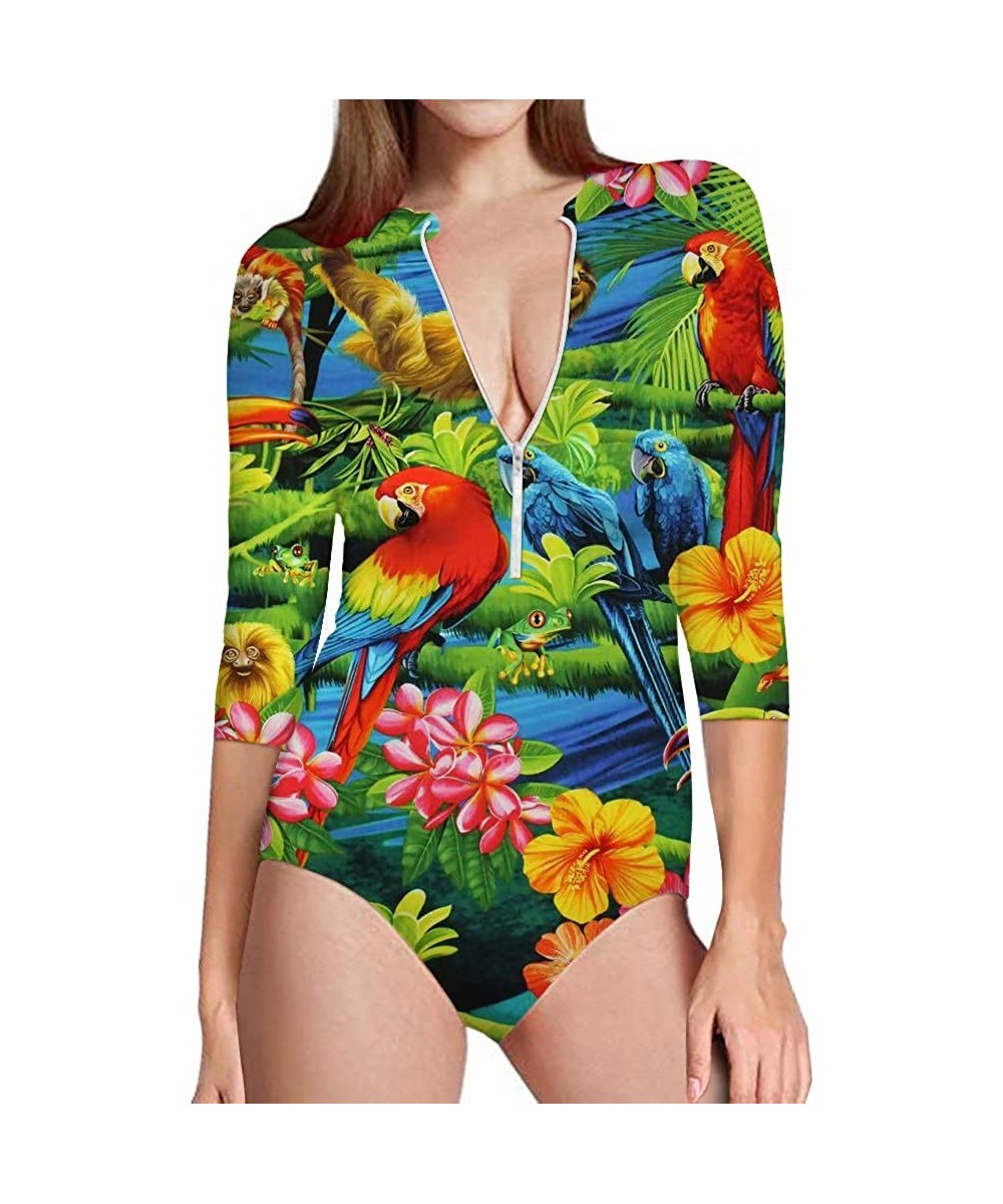 Summer One Piece Swimsuit 3/4 Sleeve Sun Protection Rash Guard for Women - Tropical Floral-2 - CQ18R7XMD4M $25.01-One-Pieces