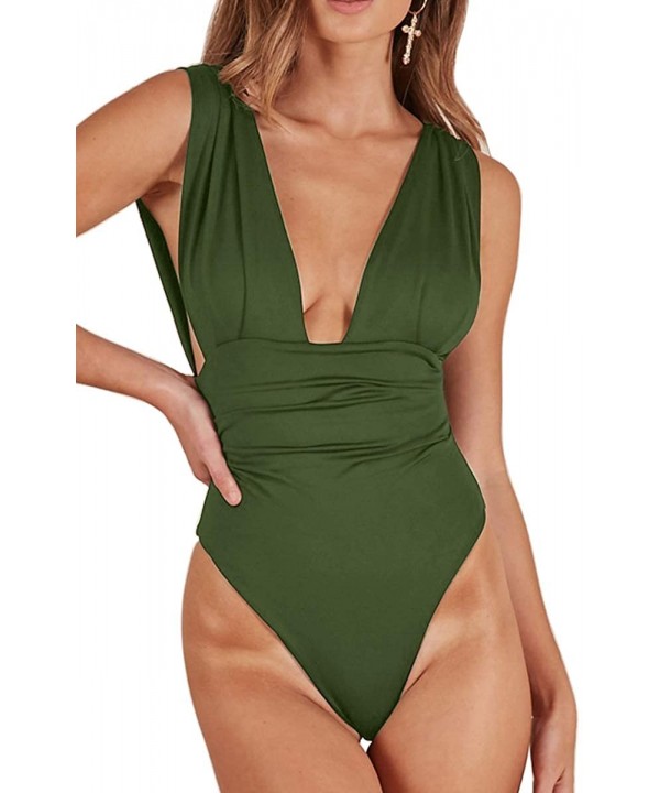 Women's Deep Plunge V Neck One Piece Swimsuit Ruched Low Back Monokini Swimwear - Army Green - CM18S2SYXDX $8.58-One-Pieces