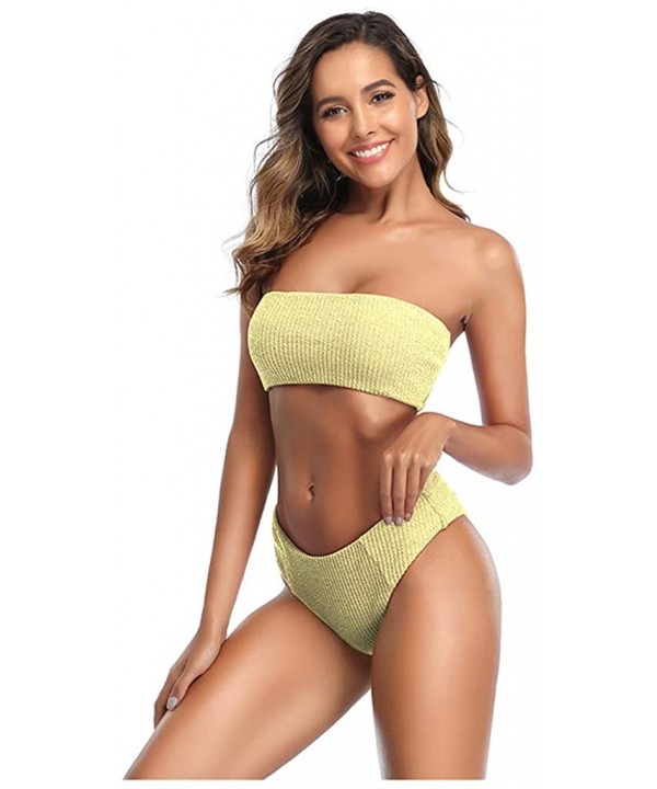 Women Strapless Off Shoulder Tube Top Swimwear Solid Bandeau High Waist Two Piece Swimsuit Beach Bathing Suit Yellow - CB196C...