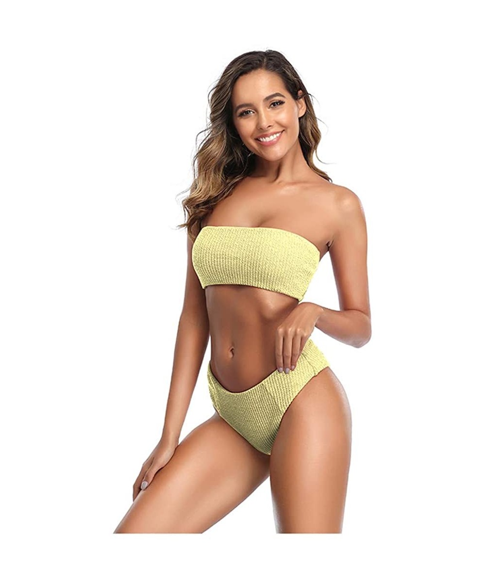 Women Strapless Off Shoulder Tube Top Swimwear Solid Bandeau High Waist Two Piece Swimsuit Beach Bathing Suit Yellow - CB196C...