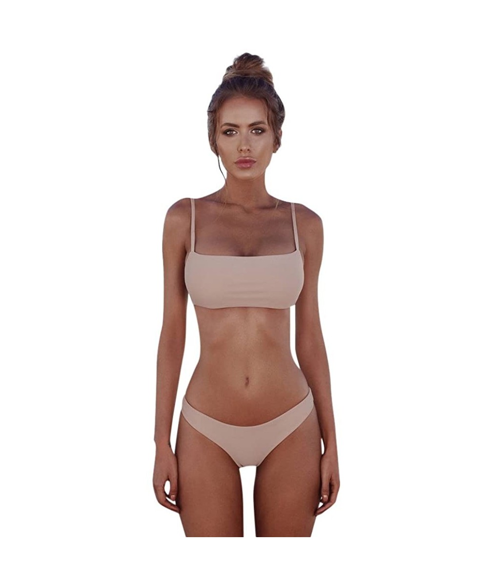 Women's Tube Top Bikini Swimsuit- Women Bandeau Bandage Bikini Set Push-Up - Beige - CA196WO78GT $9.67-Sets