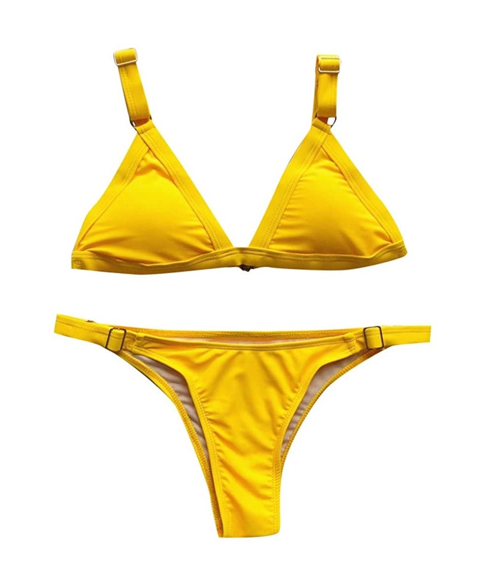 Solid Bikini Set Beach Swimwear Women Bandage Push-Up Brazilian Bathwear Beachwear Swimsuit - Yellow - CT18UMSWNQI $12.35-Bot...