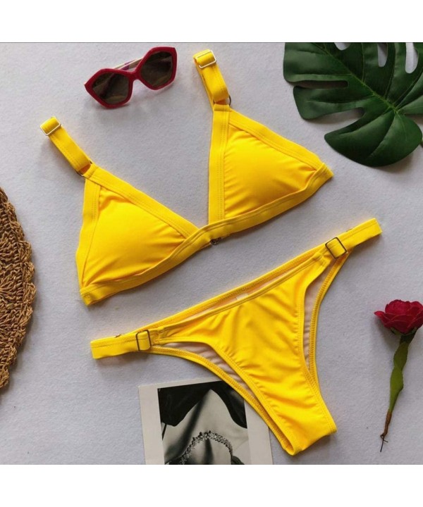 Solid Bikini Set Beach Swimwear Women Bandage Push-Up Brazilian Bathwear Beachwear Swimsuit - Yellow - CT18UMSWNQI $12.35-Bot...