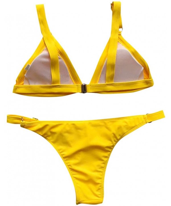 Solid Bikini Set Beach Swimwear Women Bandage Push-Up Brazilian Bathwear Beachwear Swimsuit - Yellow - CT18UMSWNQI $12.35-Bot...