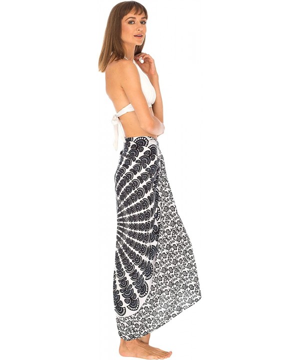 Womens Sarong Beach Swimsuit Cover Up Mandala Peacock Bikini Wrap & Clip - Black/White - CQ128ZEQDKF $14.99-Cover-Ups