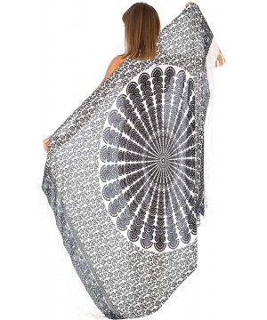 Womens Sarong Beach Swimsuit Cover Up Mandala Peacock Bikini Wrap & Clip - Black/White - CQ128ZEQDKF $14.99-Cover-Ups