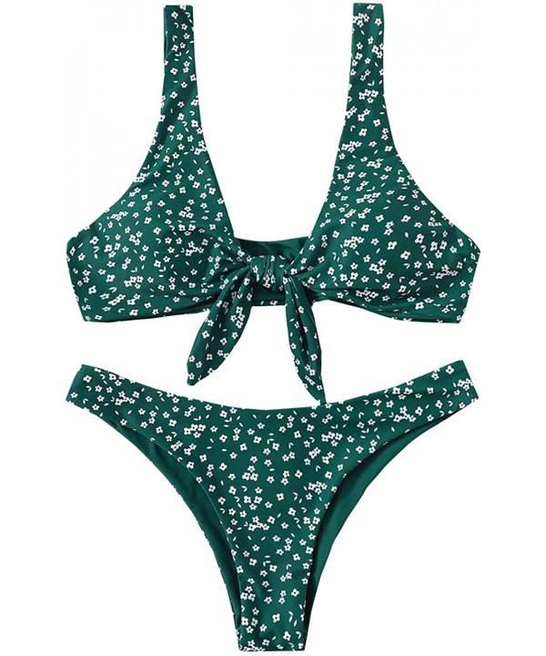 Women's Sexy Bikini Swimsuit Tie Knot Front Leopard Print Swimwear Set - Dark Green - CB199C7UHAZ $28.87-Sets