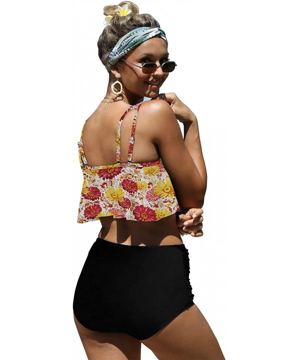 Women Two Pieces Bathing Suits Ruffled Racerback High Waisted Bikini Set - Print-596298 - CF196WZ2ZW9 $28.94-Sets