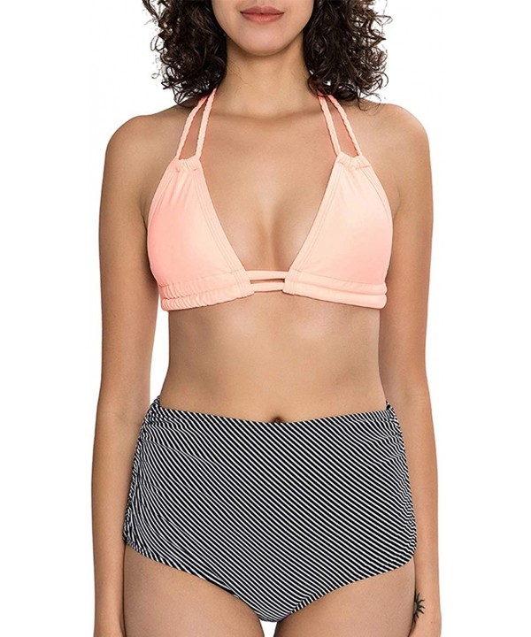 Women's Adjustable Cups High Waist Bikini Sets Back Less Tie Sling Two Piece Swimsuits (FBA) - Orange Pink - C418LQ9YCZT $25....