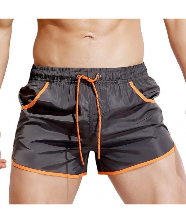 Mens Classic Pure Color Drawstring Slim Fit Swim Trunks Casual Outdoor Beach Shorts with Pockets Athletic Pants - Grey - C318...