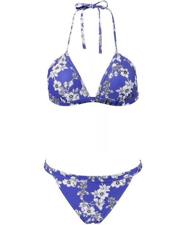 Womens Halter Triangle Top Bikini Set Leaf/Floral Print Swimsuit Cheeky Bathing Suit - Blue/Flower - C618T6DX84W $24.55-Sets