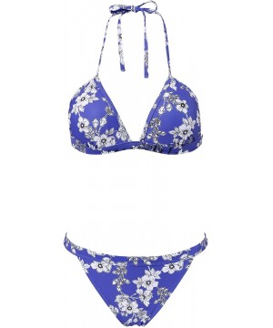 Womens Halter Triangle Top Bikini Set Leaf/Floral Print Swimsuit Cheeky Bathing Suit - Blue/Flower - C618T6DX84W $24.55-Sets