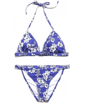 Womens Halter Triangle Top Bikini Set Leaf/Floral Print Swimsuit Cheeky Bathing Suit - Blue/Flower - C618T6DX84W $24.55-Sets