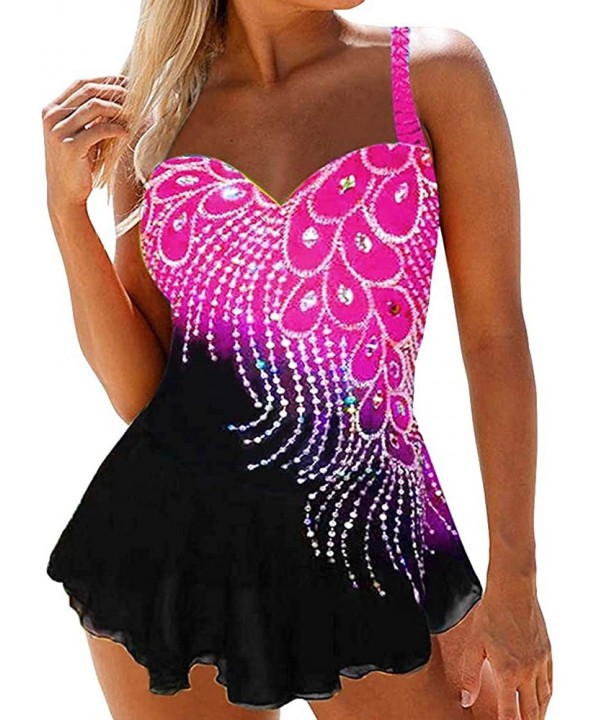 Womens Feather Sequins Print Tankini Swimwear Two Piece Set Tummy Control Swimming Bathing Suit Swimsuits - Pink - CE1980KUL8...