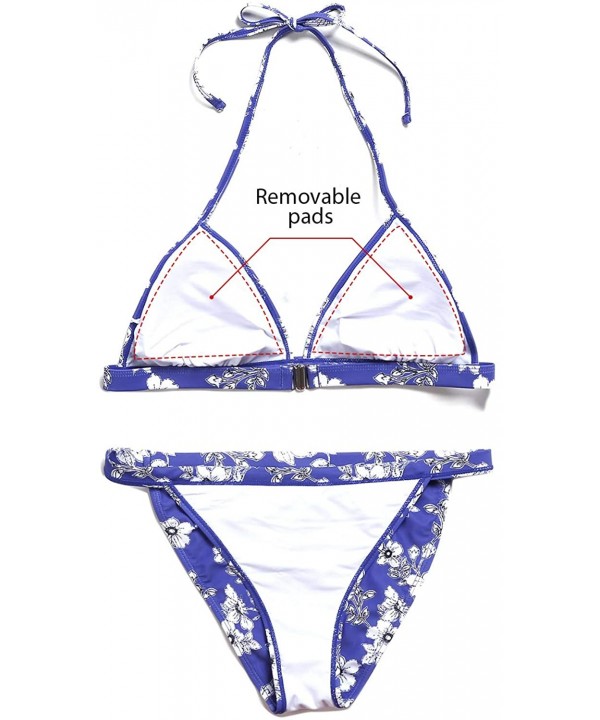 Womens Halter Triangle Top Bikini Set Leaf/Floral Print Swimsuit Cheeky Bathing Suit - Blue/Flower - C618T6DX84W $24.55-Sets