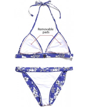 Womens Halter Triangle Top Bikini Set Leaf/Floral Print Swimsuit Cheeky Bathing Suit - Blue/Flower - C618T6DX84W $24.55-Sets