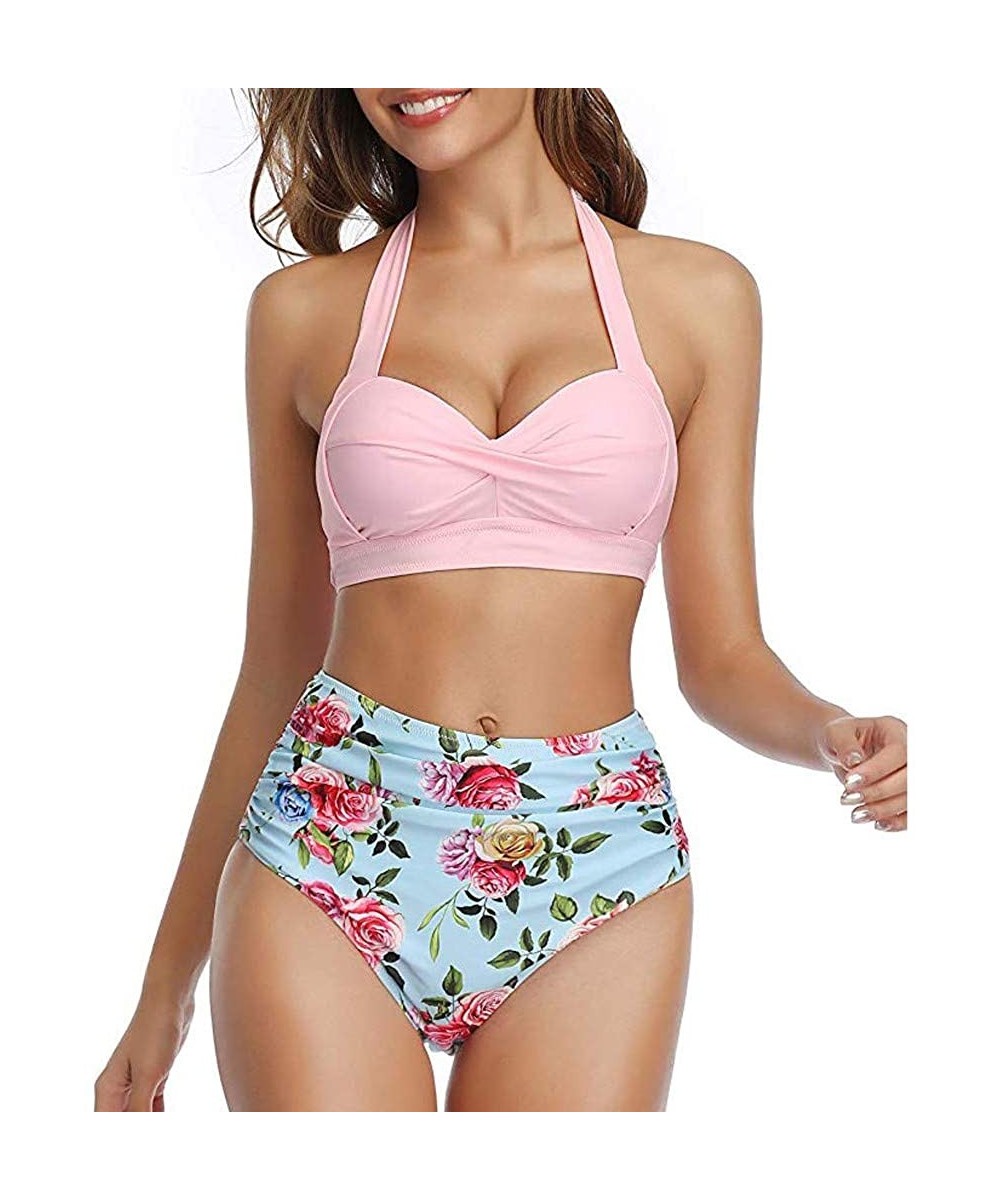 Women Bikini Set Vintage Swimsuit Two Piece Retro Halter Ruched High Waist Print High Cut Bandeau Bathing Suit - Pink Floral ...