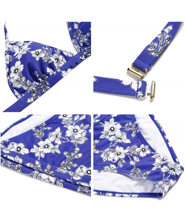 Womens Halter Triangle Top Bikini Set Leaf/Floral Print Swimsuit Cheeky Bathing Suit - Blue/Flower - C618T6DX84W $24.55-Sets