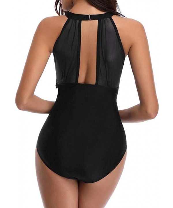 Women One Piece High Neck V-Neckline Tankini Mesh Ruched Monokini Swimwear - Black - CW18ROXKX6N $12.76-Rash Guards