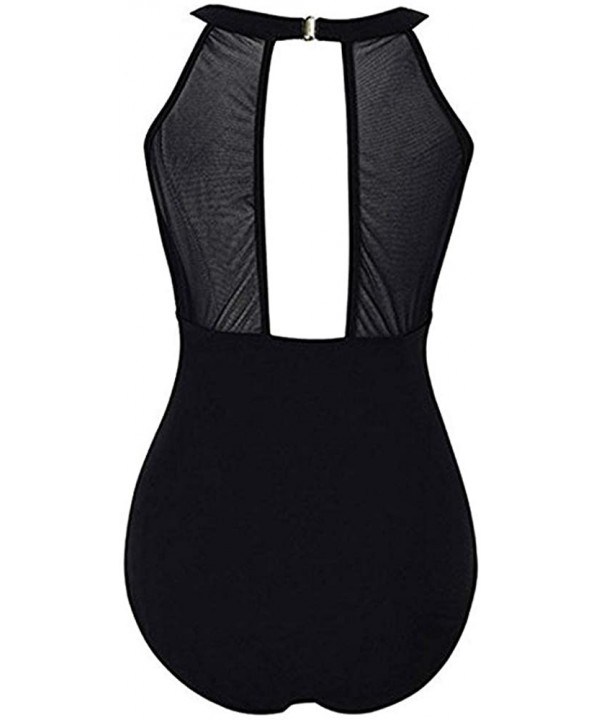 Women One Piece High Neck V-Neckline Tankini Mesh Ruched Monokini Swimwear - Black - CW18ROXKX6N $12.76-Rash Guards