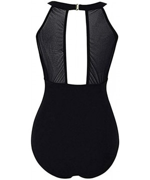 Women One Piece High Neck V-Neckline Tankini Mesh Ruched Monokini Swimwear - Black - CW18ROXKX6N $12.76-Rash Guards