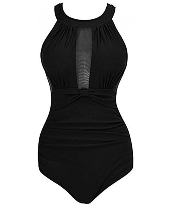 Women One Piece High Neck V-Neckline Tankini Mesh Ruched Monokini Swimwear - Black - CW18ROXKX6N $12.76-Rash Guards