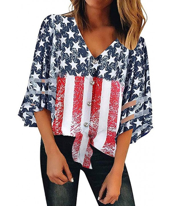 Women American Flag Off Shoulder Mesh Panel Blouse 3/4 Bell Sleeve Top Shirt - Red-a - CP18TW7CI47 $17.79-Rash Guards